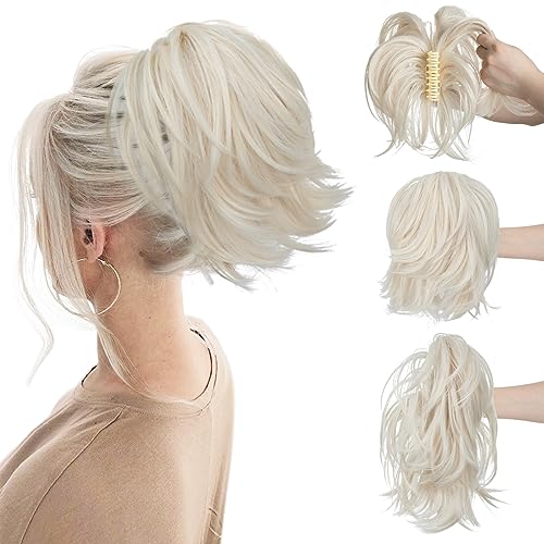 CJL HAIR Claw Clip Short Ponytail Hair Extensions DIY Bendable Metals Messy Bun Hair Piece for Wonen Straight Synthetic Fake Hairpieces Platinum Blonde