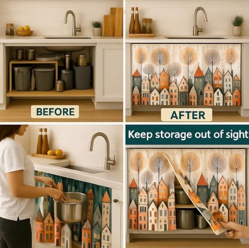 Image of Premium Printed Kitchen Sink Curtain | Washable & Dustproof Rod Pocket Counter Skirt | Perfect for Any Sink,Counter | Multicolor Cooking (City, Pack of 2)