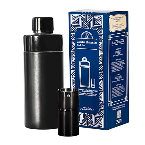 Gin 42 | Set shaker da cocktail in acciaio inox nero | Design unico | 500 ml | Shaker e jigger | Lavabile in lavastoviglie | Ideale come regalo o per la casa
