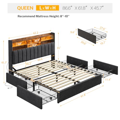 Image of TEENFON Queen Bed Frame with Headboard and 4 Drawers Storage, Bed Frame Queen Size Built in LED Lights and Charging Station, Sturdy & Noise-Free Upholstered Platform Metal Support Bed, Dark Grey