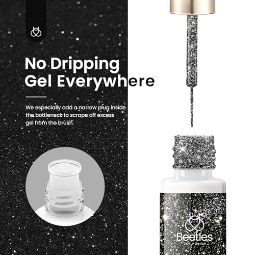 Image of Beetles Reflective Glitter Gel Polish, 2 Pcs Liner Gel Nail Polish Set Black Silver Nail Art Glitter Soak off Uv Lamp Manicure Diamond Shinning Liner Nails Art Design Gifts for Women