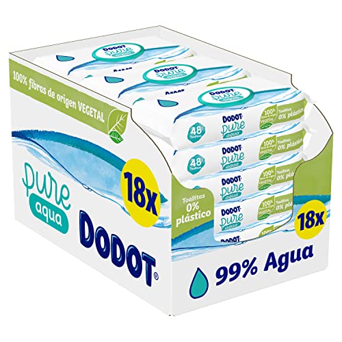 Dodot Toallitas Pure Aqua para Bebé, 99% Agua, 100% Fibras de Origen Vegetal, 864 Toallitas, 18 Paquetes (18 X 48)
