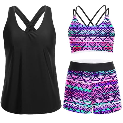Image of Women's 3 Piece Tankini Swimsuit Tummy Control Bathing Suit with Boy Shorts