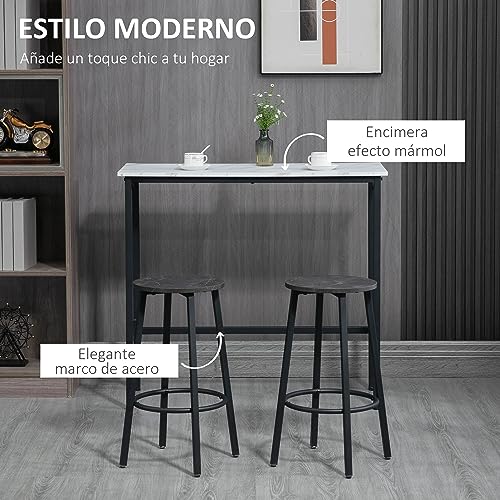 HOMCOM Juego de Mesa de Comedor Mesa Alta de Bar con 2 Taburetes Redondo 3 Piezas Marco de Acero Estilo Moderno para Cocina Salón Blanco y Negro - imagen 4