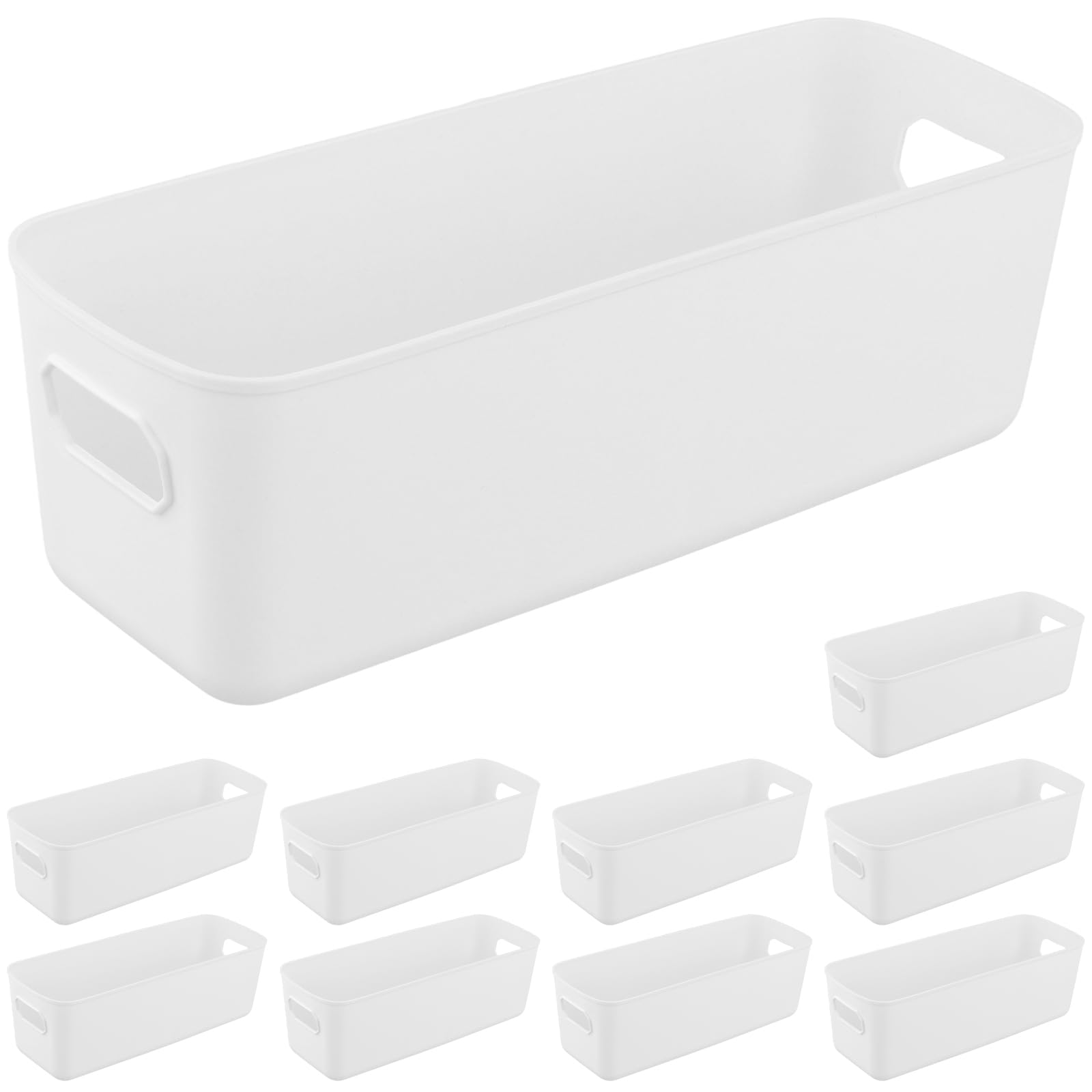 PINGEUI 10 Pack White Plastic Storage Basket with Handle, Narrow Cupboard Storage Boxes, Rectangular Organiser Boxes for Bathroom kitchen Office, 28 x 10 x 9.5 cm