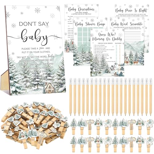 Image of Patelai 321 Pcs Baby Shower Games Supplies, 5 Sets (50 Cards Each) Activities Cards with 20 Pencils 1 Don't Say Baby Sign 50 Clothespin (Winter Theme)