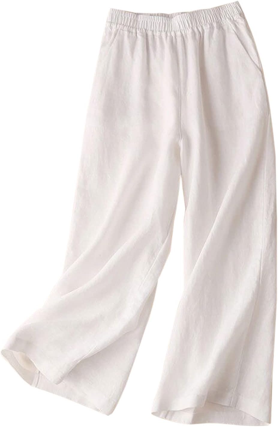Aeneontrue Women's 100% Linen Wide Leg Pants Casual Loose High Waisted Flowy Palazzo Trousers with Pockets