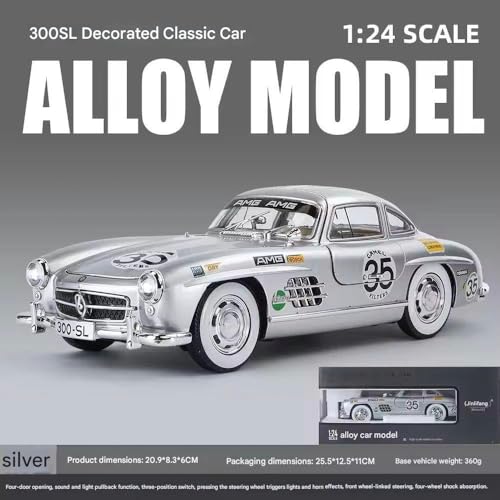 Image of 1:24 Scale MER-CEDES Ben-Z 300SL Die-Cast Metal Car with Sport car Openable Doors Light and Sound,Pull Back Function Indoor Outdoor Toy for Kids (Silver-Printed)