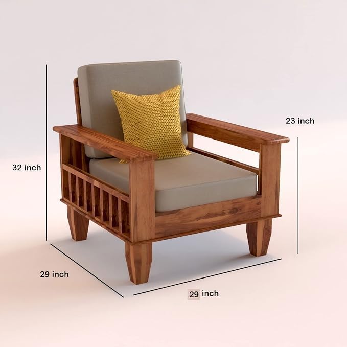 Image of Sheesham Wooden 1 Seater Sofa for Living Room | Rosewood 1 Seater Cushion Sofa with Side Newspaper Holder for Home & Office | Solid Wood Sofa Set for Lounge (Honey)
