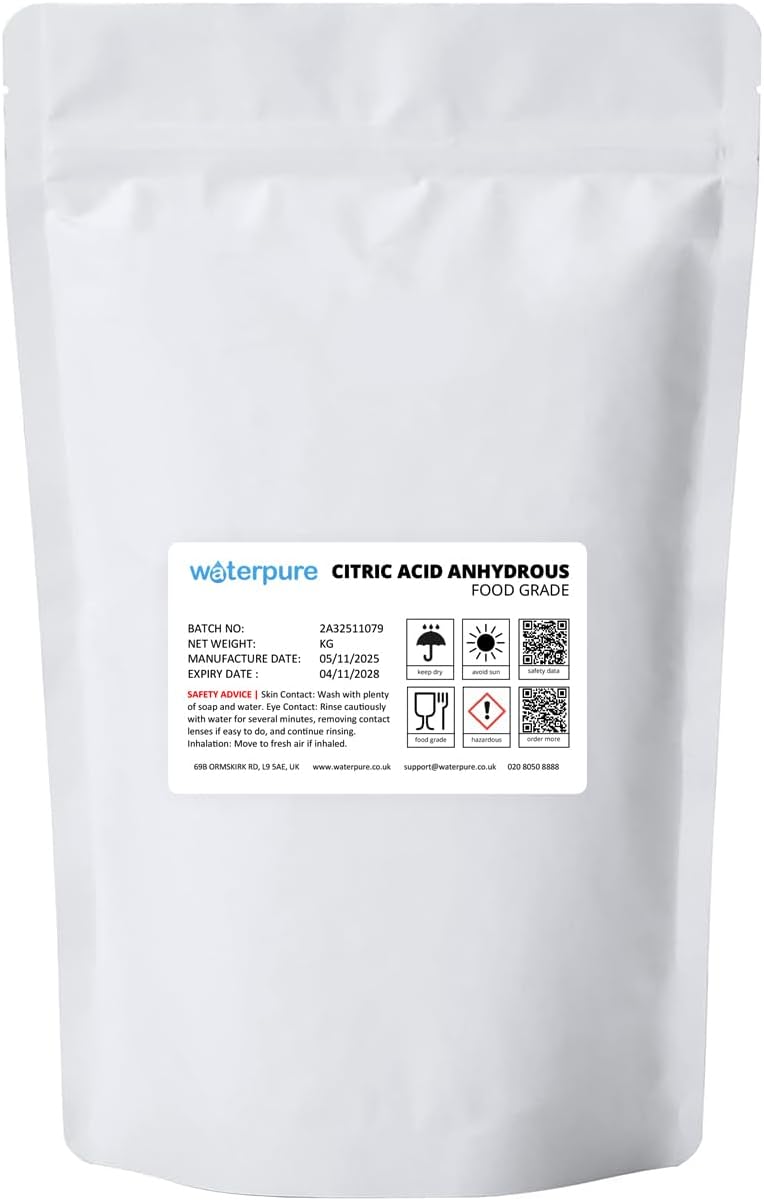 Water Pure Citric Acid Anhydrous Food Grade, Bulk Bag, Crystal Form, Bath Bombs, Cleaning, Descaling, Preserving, Flavouring (2kg)