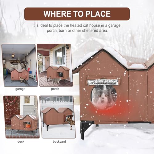 Beheiztes Katzenhaus, Vergrößerte Katzenhaus Outdoor Winterfest Isoliert mit Fluchttüren und Heizpolster für Mehrere Katzen Hunde, Erhöhte Wasserfeste Robuste Katzenhöhle für Draußen (Braun)