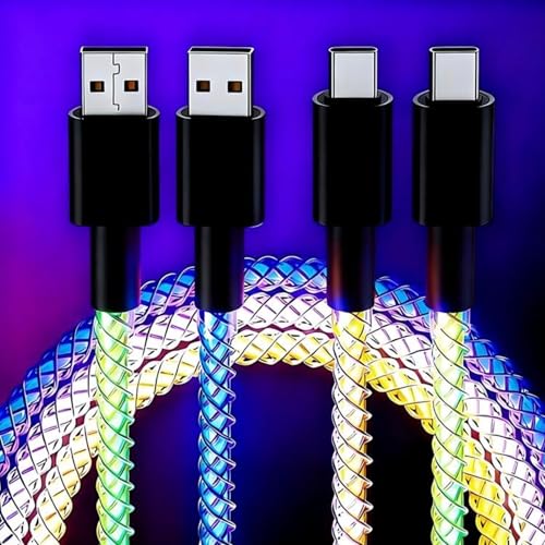 2 Packs 6.6FT LED Light Up USB C Charging Cable,RGB Flowing LED Light Up Glowing Fast Charging Cord A to C Cable for i-Phone 15 16 Pro Max/Plus, Samsng Galaxy S24 S23,LG More Android Phone(66W)