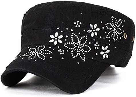 ililily Crystal Gemstone Stud Flower Vintage Cotton Military Army Hat Cadet Cap, Black