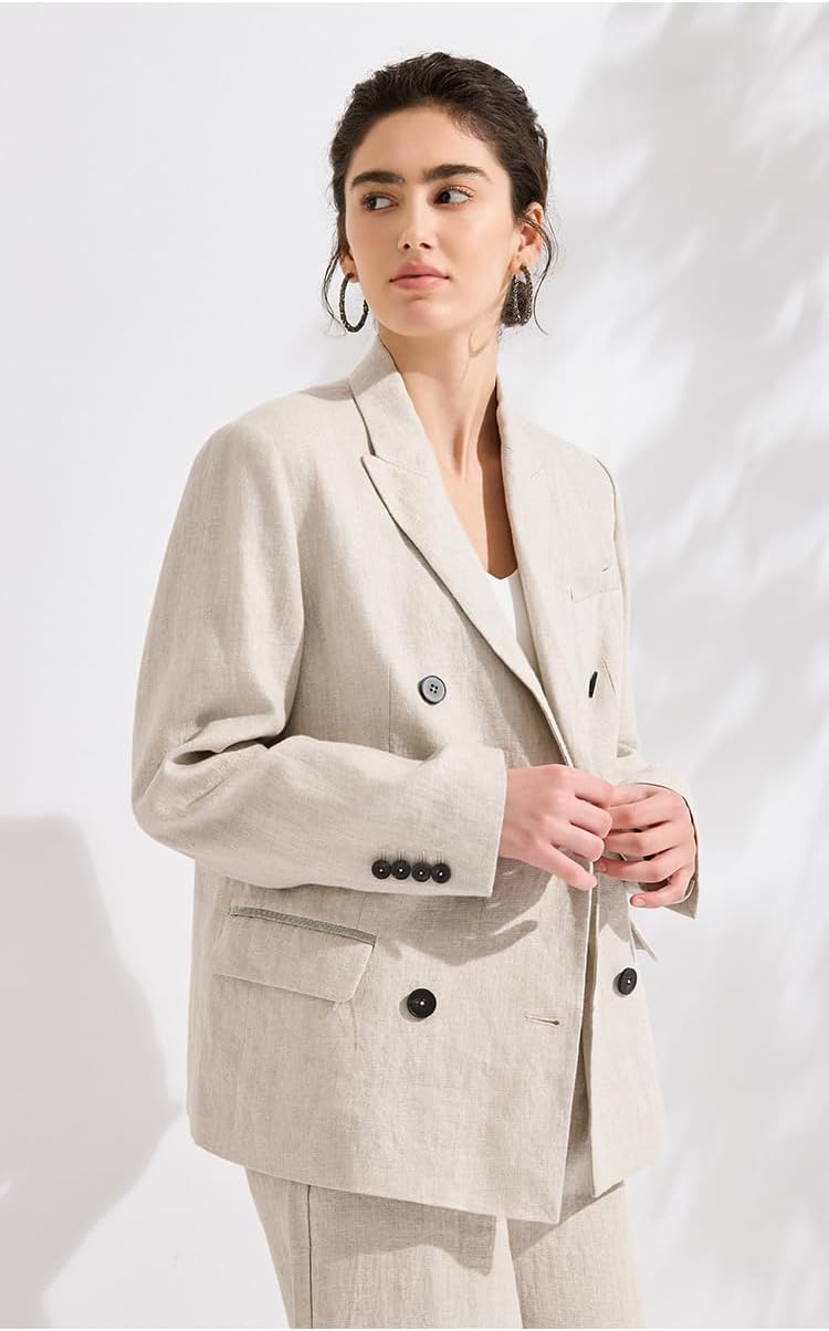 Premium Linen Suit Women's Fashion Peak Lapel Blazer Jacket Casual Chic Breathable Outerwear, KL7613666