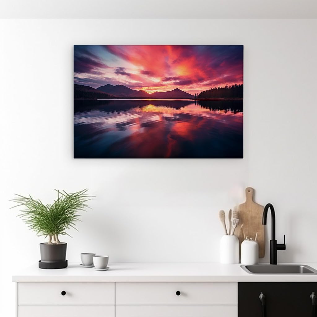 Canvas for Living Room. Sunset Serenity � A Canvas of Vibrant Skies and Reflective Lakes Against Distant Mountaintops, 27 x 18 inch Canvas Wall Art - Contemporary Masterpieces - Modern Home Decor