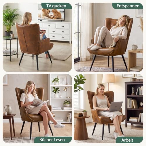 Ckaff Ohrensessel Sessel Wohnzimmer, Skandinavischer Stil Relaxsessel PU-Kunstleder mit Hoher Rückenlehne Loungesessel Polstersessel fürs Wohnzimmer Schlafzimmer Arbeitszimmer Gästezimmer, Braun