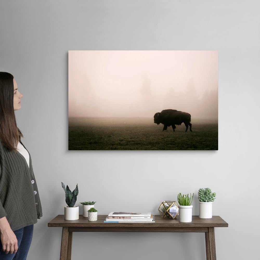 CANVAS ON DEMAND A Bison in Mist Canvas Wall Art Print by Circle Capture, Home Decor, America, Fall Artwork,36" x24in