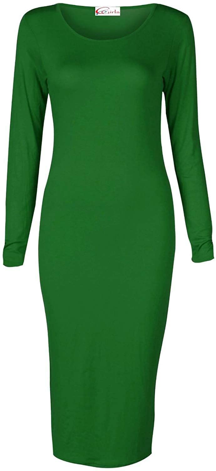 Crazy Girls Womens Plain Long Sleeve Scoop Neck Stretch Bodycon Maxi Midi Dress (XL-UK16/18, Plain Green)