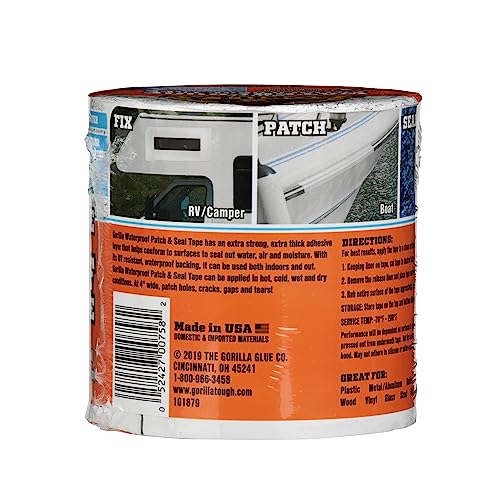 Image of Gorilla Waterproof Patch & Seal Tape, White Tape, 4 inch x 10' - Permanent Weather Resistant Seal for Leaks and Repairs (Pack of 16)