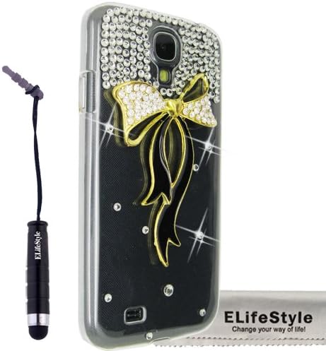 Elifestyle New for Samsung Galaxy S4 S IV i9500 3D Bling Bowknot Bow Decorate Sparkle Glitter Rhinestone Case Cover Hard Transparent + Elifestyle Accessories stylus pen + Clean Cloth