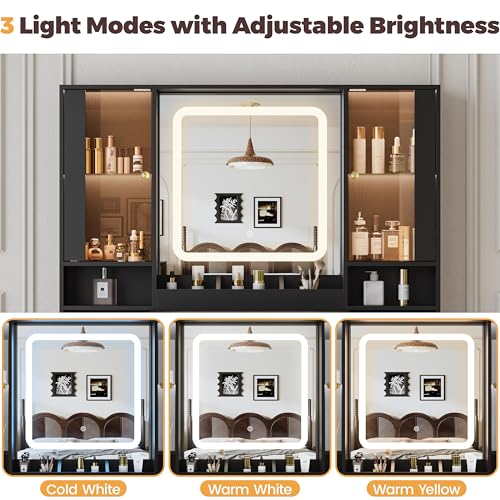 Image of BORNOON Vanity Desk with Mirror and Lights, Makeup Vanity with 7 Drawers, 2 Glass Door Cabinets, Charging Station, Adjustable Shelves, RGB Lighting, Holder