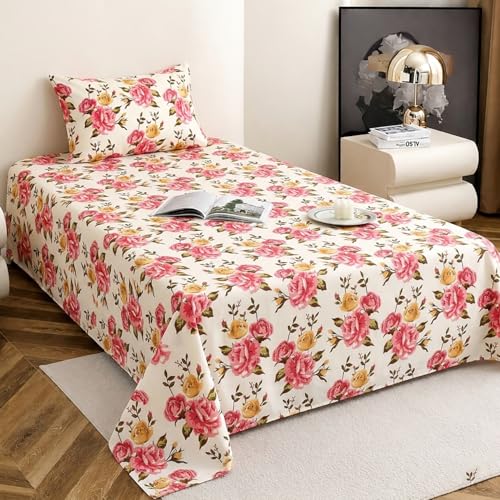 Image of 240 TC Soft Ezyption Floral Single Bed Sheet Cotton - Single bedsheet with 1 Pillow Cover Hypoallergenic, Brethable, (Size- 60 x 90 Inch | Pink White