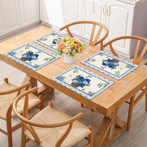 Image of Spring Summer Blue Hydrangea Placemats Set of 6, 12x18 Inch Summer Farmhouse Birds Rustic Table Mats for Holiday Kitchen Dining Room Decoration, Washable Indoor Outdoor Party Decor