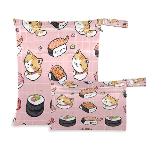 ATTX Sushi Kawaii Pattern Wet Dry Bags 2-Pack - Reusable Cloth Diaper Storage for Travel, Beach & Gym | Multi-Use Waterproof Bags for Swimsuits, Baby Clothes, Sports Gear#561