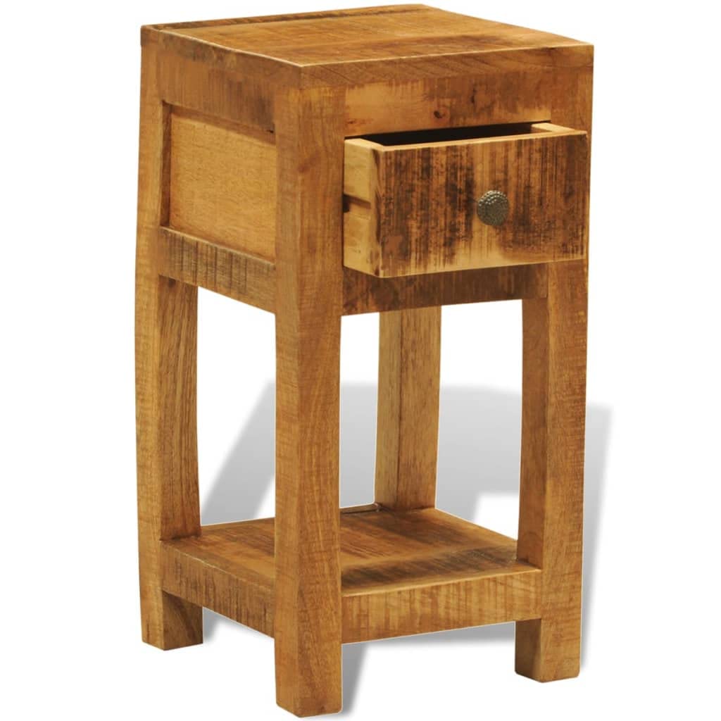 Beistelltisch aus massivem Mangoholz mit Schublade und unterer Ablage, ideal als Nachttisch oder neben der Couch für Schlüssel, Notizblöcke und Dekoartikel.