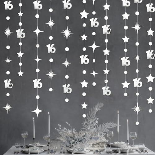 Image of Silver 16th Birthday Decorations Number 16 Circle Dot Twinkle Star Garland Metallic Banner Backdrop for Girls Boys Happy 16th Birthday Sweet Sixteen 16th Anniversary Cheers to 16 Years Party Decor