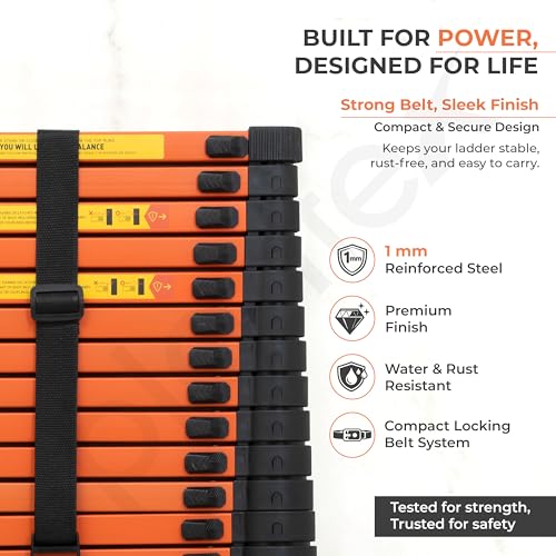 Image of Plantex 6.3m (20.66 ft.) Telescopic Ladder /Carbon Steel 16-Steps Portable & Compact Ladder /Foldable Multipurpose Collapsible Ladder for Home & Outdoor Use - (Orange)