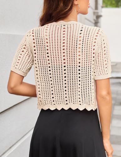 Image of Kate Kasin Women Crochet Shrug Knit Sweater, Short Sleeve Cropped Cardigan | Tie Front Tops Light Weight, Knit Cover Up Arm Bolero For Evening Dresses Dressy Casual, Ladies Eyelet Shawl Thin Formal