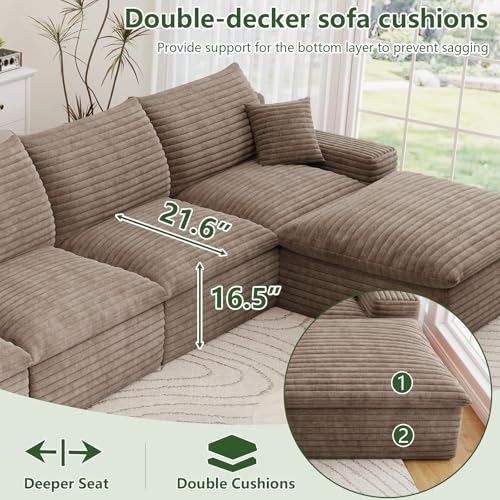 Image of 136 inch Cloud Couch Modular Sectional Sofa for Living Room, U-Shape Boneless Couch with Deep Seat, Modern Corduroy 5-Seater with Ottoman, No Assembly Required, Camel