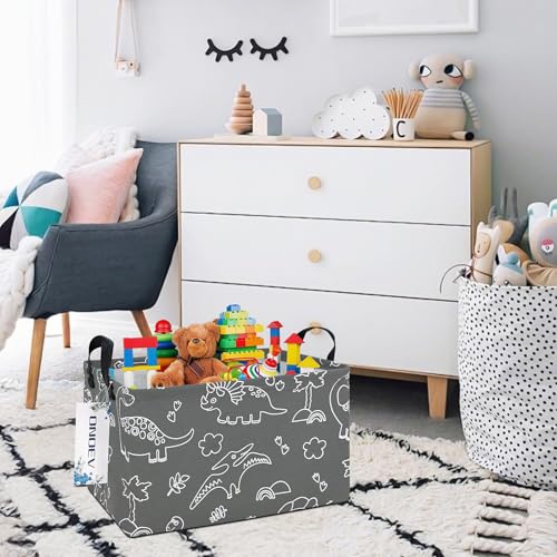 Image of Rectangular Line Dinosaur Laundry Storage Bin for Adults and Kids | Damp resistant canvas fabric, sturdy stitched carry handles, foldable design organizes closet and playroom daily supplies