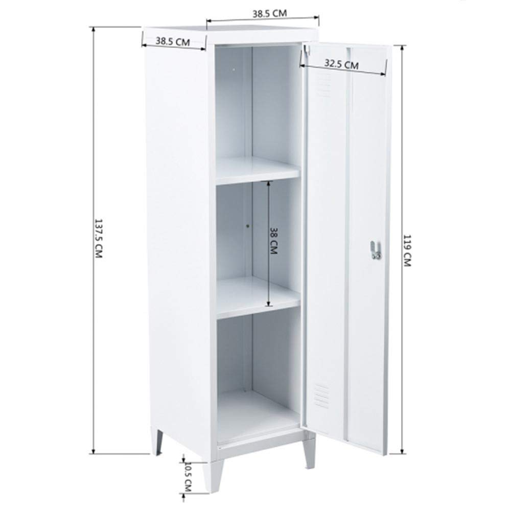 BAKAJI Armadietto Armadio da Spogliatoio Mobile Mobiletto in Metallo Chiusura Anta con Chiusura a Chiave 3 Ripiani Interni Dimensioni 138 x 38,5 x 38,5 cm Design Moderno industriale (Bianco)