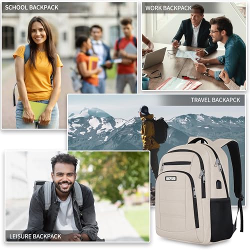 Beige Backpack for Women, School Backpack for Girls Teens Boys, Work Business Backpack with USB Charging Port,Water Resistant College Computer Bookbag Fits 15.6 Inch Laptop,Back Pack,Mochilas - Image 3