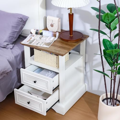 Image of ALBAD Farmhouse Nightstands with Charging Station,White & Wood Tabletop | End Tables with 2 Drawers, Open Shelf, USB Ports, Metal Knobs, for Rustic Bedroom Bedside, Living Room, Dorm