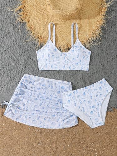 Image of COZYEASE Girls' 3 Piece Set Floral Print Bikini Swimsuit with Drawstring Beach Skirt Cute Ruched Bathing Suit