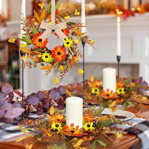 Image of 6 Pcs 3 Inch Fall Daisy Candle Rings Thanksgiving Table Centerpieces Mini Artificial Candle Rings Autumn Daisy Wreaths Cabinets Farmhouse Autumn Wreath for Indoor Front Door Wall Window Decorations