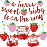 Cocomigo No-DIY Strawberry Baby Shower Decorations, Berry Sweet Baby Shower Decorations Includes 3 Banners 6 Hanging Swirls and 3 Centerpieces, A Berry Sweet Baby Is On The Way Strawberry Decorations