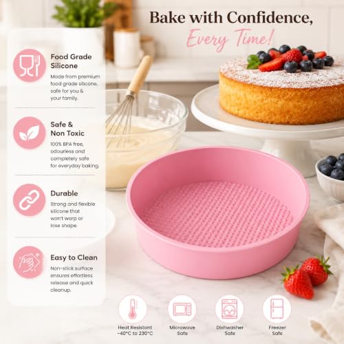 Image of PureBake Silicone Cake Mould Round for Baking, 8 inch Mold, Non-Stick, BPA-Free, Microwave Safe, Flexible, 2.16 inches Deep, Easy Release -1 PCS Random Color