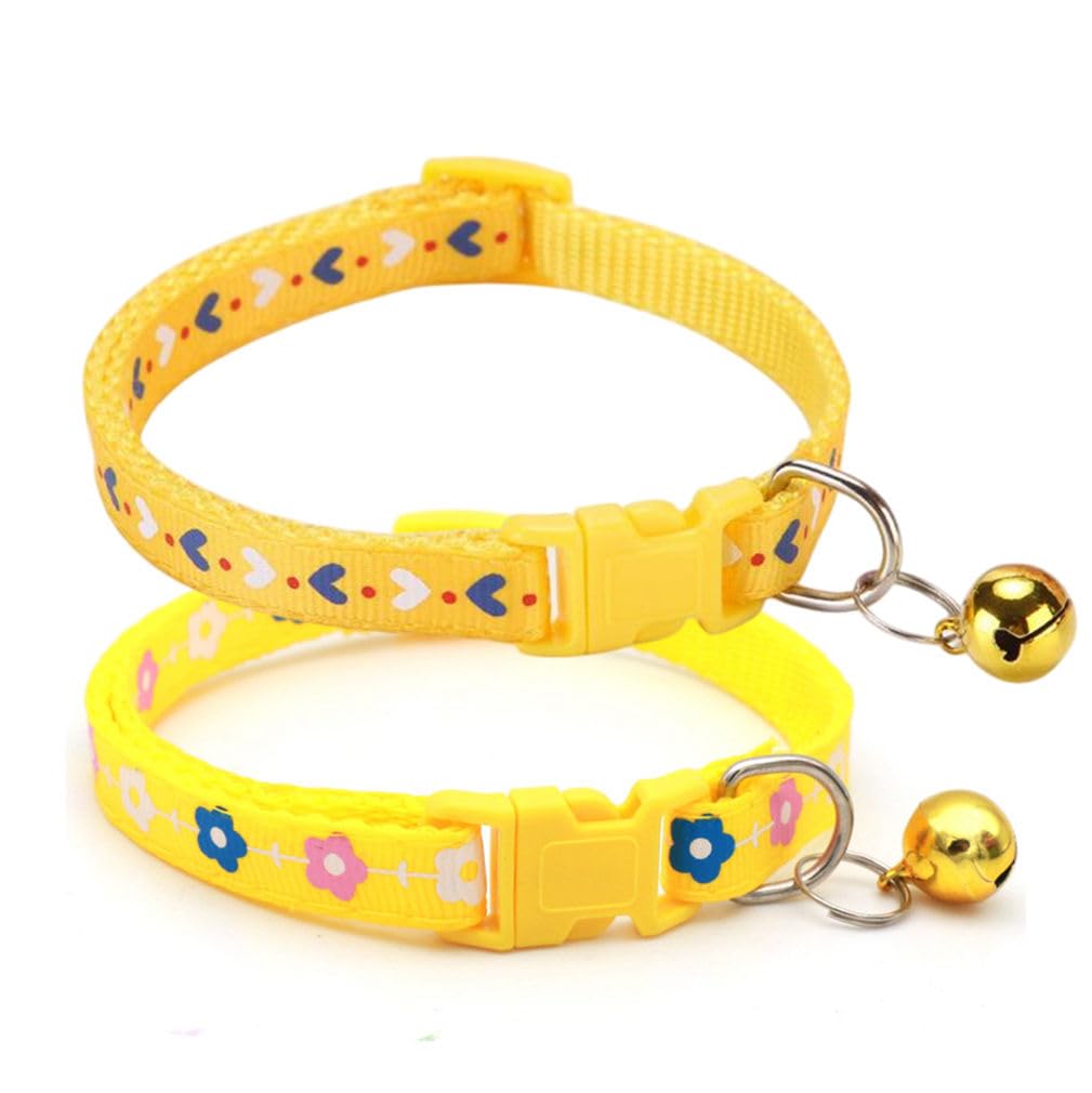 Yellow Puppy Collar with Bell, 2-Pack Heart & Floral Cat Collar with Bells, Female Tiny Dog Collar for XXS Xs Small Pet Little Girl Dogs Kitten