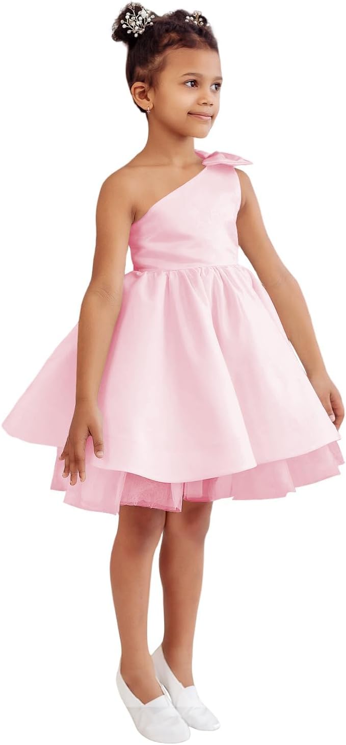 One Shoulder Flower Girl Dresses for Wedding Toddler Short Tutu Satin Tulle Girl Dress for Birthday Formal Party