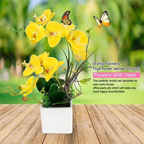 Yobansa Silk Orchid Bonsai Artificial Flowers With Flower Pots,Phalaenopsis Fake Orchid Flowers With Vase Arrangements For Home Decoration (Yellow) #TOP6