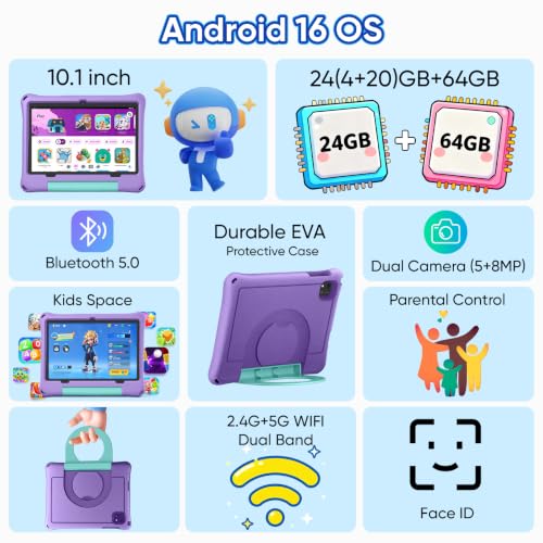 Image of aiprotablet 10 inch Kids Tablet, Android 16 Tablet for Kid, Octa-Core CPU, 24GB RAM, 64GB ROM 1TF Card Expandable for Children,Tablets with Case, Parental Control, 6000mAh,WiFi, Bluetooth