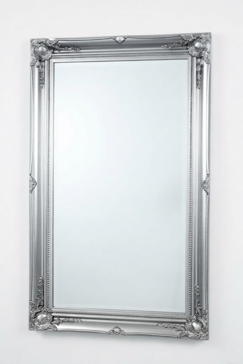 Deenz Silver Large Vintage Ornate Leaner Wall Hanging Mirror Deep Frame, Bedroom Décor Wooden Flowery Design ( 60X90cm)
