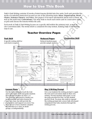 Evan-Moor Daily 6-Trait Writing, Grade 1, Homeschool and Classroom Resource Workbook, Reproducible Worksheets, Teaching Edition, Lesson Plans, Ideas, Organization, Word Choice, Sentence Fluency, Voice - Image 4