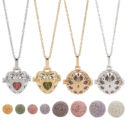 CRAFTYMELODY Aromatherapy Essential Oil Diffuser DIY Necklaces Making Kit 4Pcs Necklace Brass Diffuser Locket Pendants with 12Pcs Natural Lava Rock Beads 8Pcs Stainless Steel Cable Chains