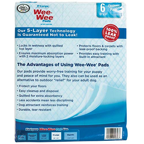 Image of Four Paws Wee-Wee Superior Performance X-Large Dog Pee Pads, 6 Count | Puppy & dog potty training pads, housebreaking supplies, xl puppy pads, pet supplies, 24-hour floor protection, 28 inch x 34 inch