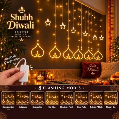 Image of Gesto 12 Diya Curtain Lights - 108 LED Warm White Fairy Lights with 8 Flashing Modes | Plug in Deep Style Diya Lights for Home,Balcony, Mandir,Pooja Room,Diwali Decoration & Festival Decor (11 Ft)